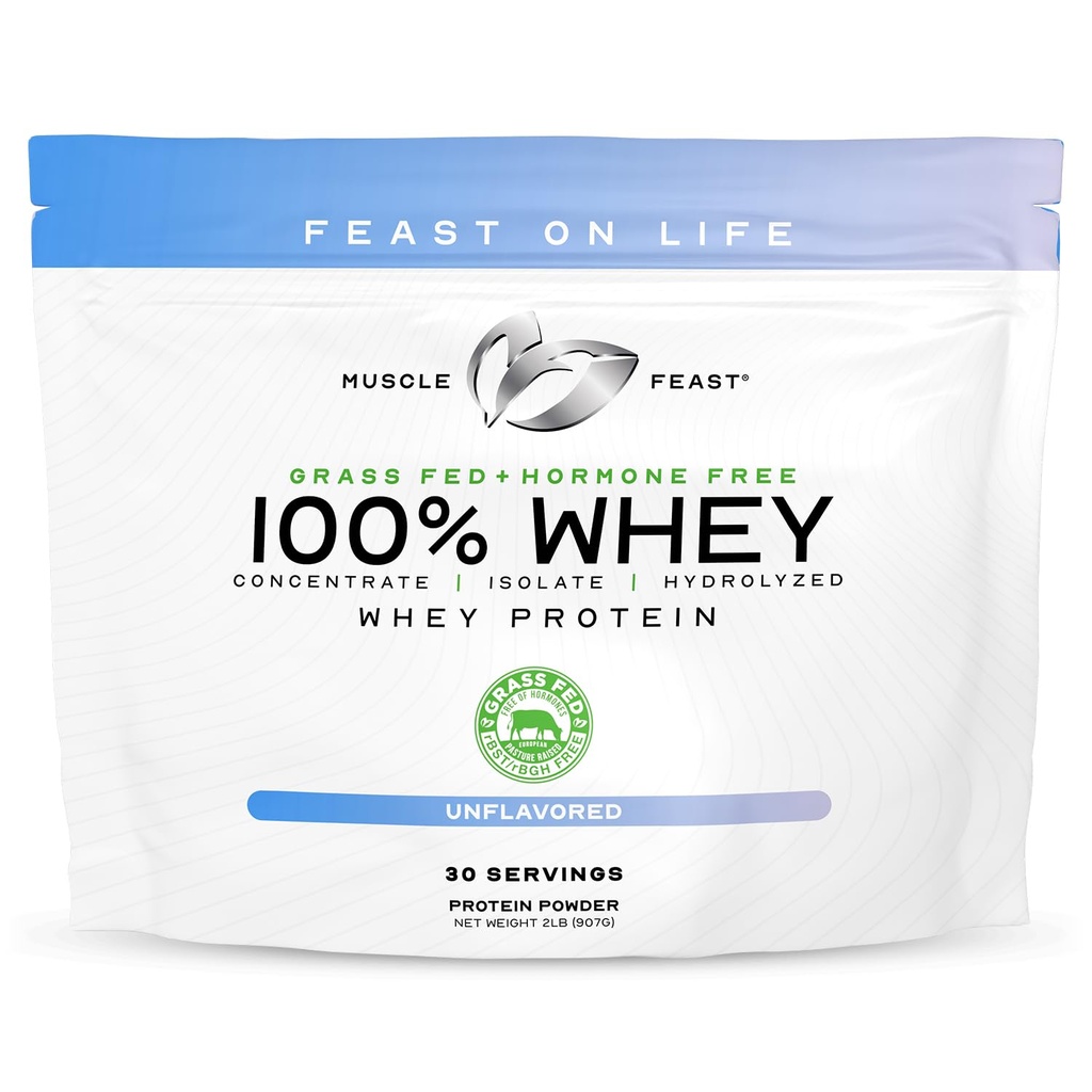 Muscle Feast 100% Grass Fed Wei Proteïne Poeder, Alle Natuurlijke Hormone Gratis Paure Verhoogd Wei Proteïne Poeder voor Vrouwen & Mannen- Wei Concentraat, Isolaat & Gehydrolyseerde Proteïne Poeder Blend- Unflavored, 2lb