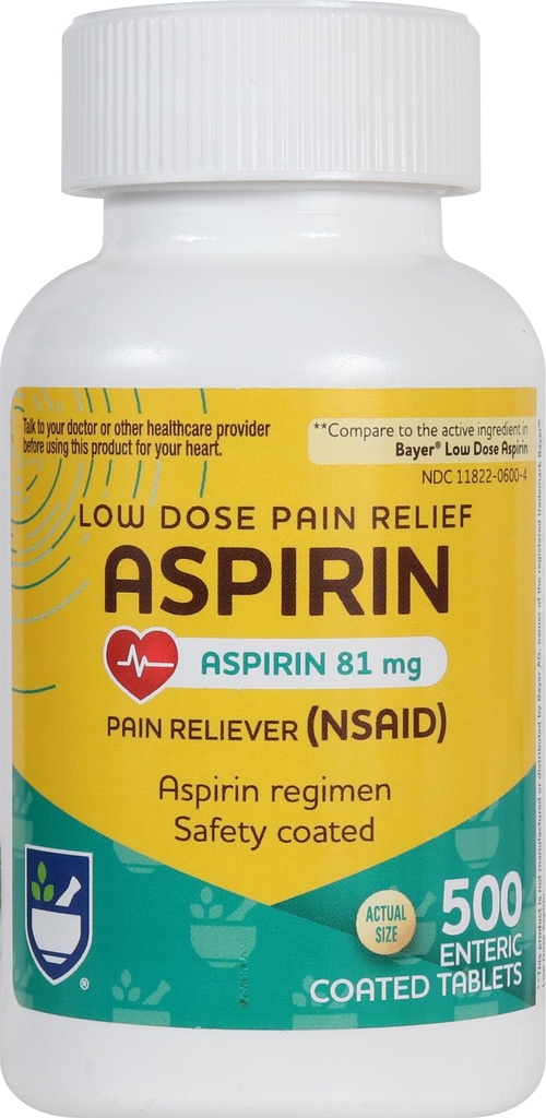 Rite Aid Aspirine Enteric Tablets - 81 mg Aspirine - 500 Telling - Low-Dose for Heather Relief - Safety Coated - Aspirine Regime - Migraine Medicine - Pain Relief