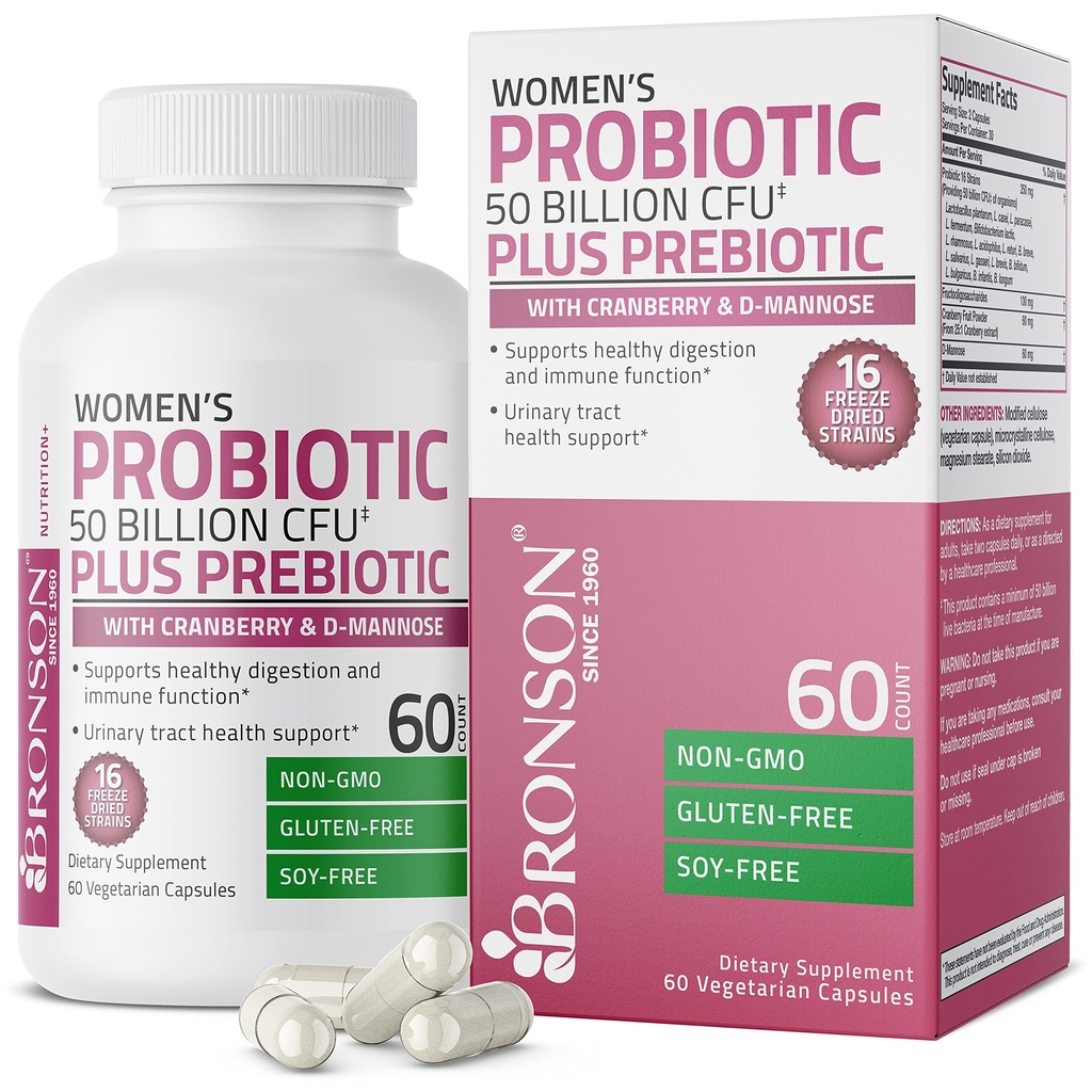 Bronson Women's Probiotic 50 Miljard CFU + Prebiotic with Cranberry & D-Mannose 