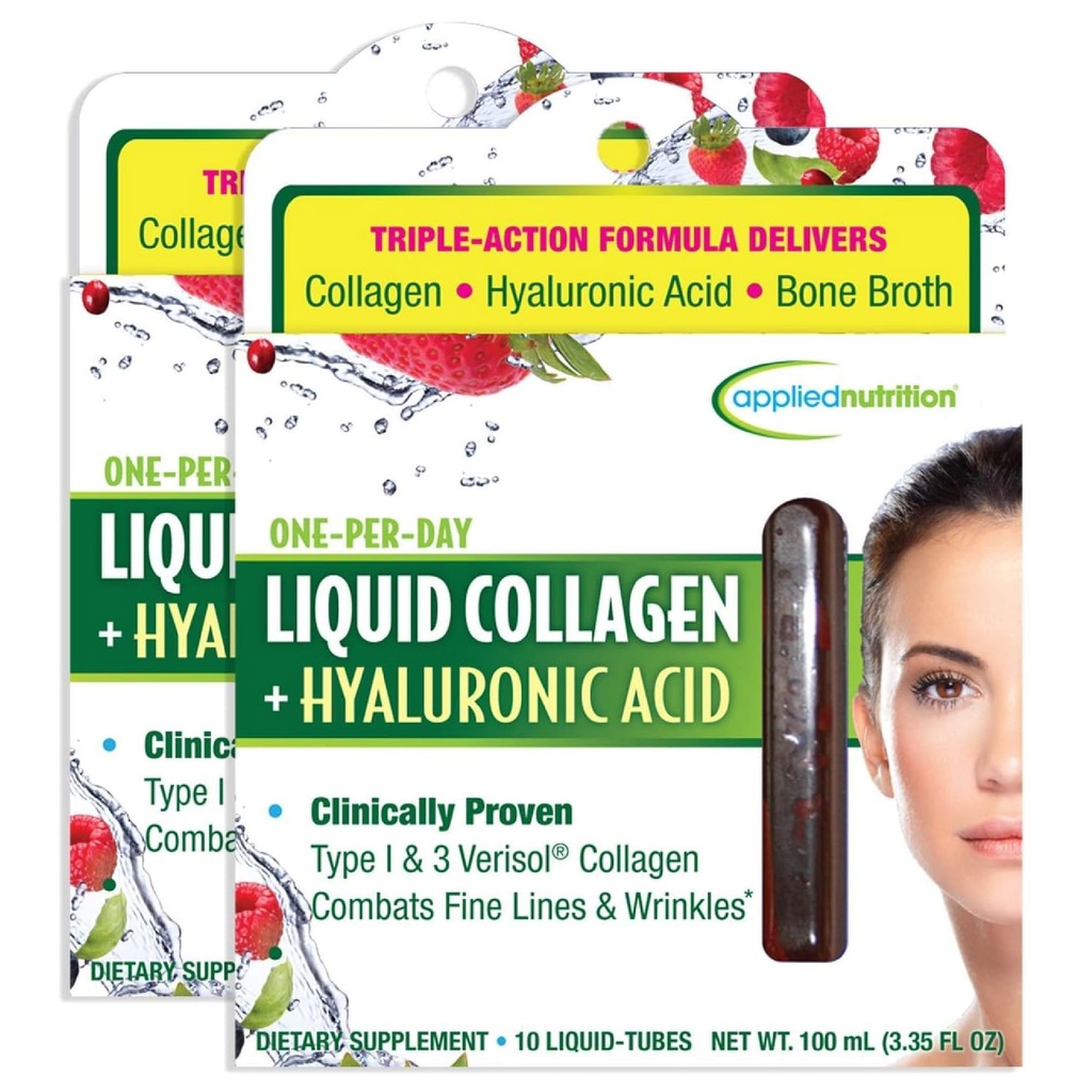 Toegepaste Voeding Liquid Collageen + Hyaluronzuur - 10 Liquid Tubes, Pack of 2 - Huid & Nagel Restauratie - Gemengde Berry Flavor - 20 Servers