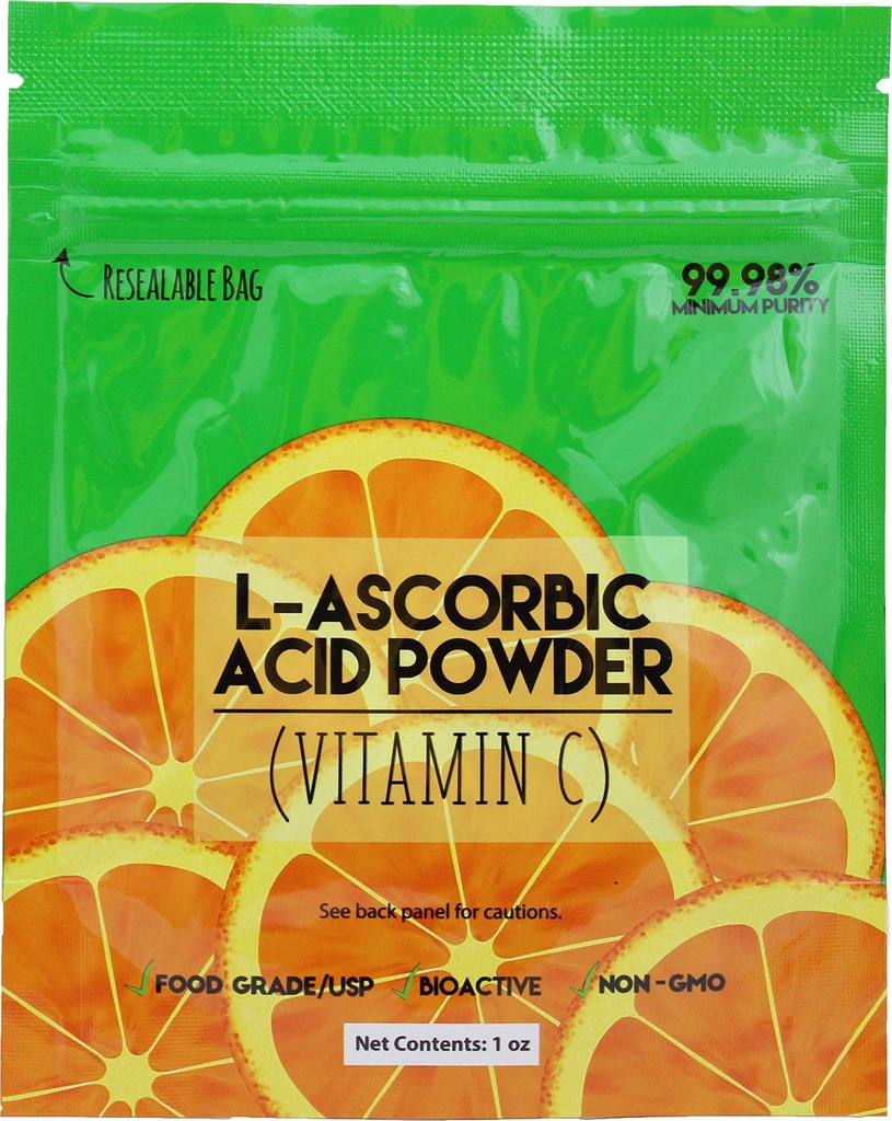 Duda Energy asc01oz Zak met L-ascorbinezuur Poeder 99+% Food Grade USP36/BP2012 Natuurlijk gefermenteerde zuivere kristallen vorm van vitamine C, 1 oz., wit