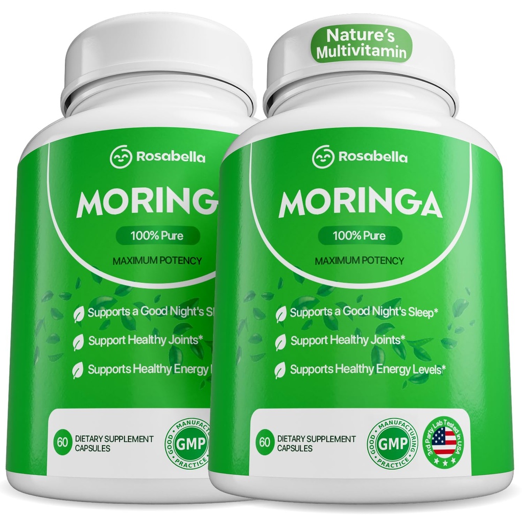 Rosabella Moringa Capsules - Pure Moringa Poudre, Énergie, Peau, Immune & Gut Health Superfood, Riche en antioxydants, Vitamines essentielles et acides aminés, Supplément naturel vert Superfood - 120 Compte