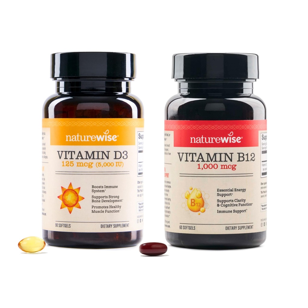 NatureWise Vitamine D3 5000iu, B12 1000mcg Mentale Helderheid Energie Ondersteuning Immune Health Non-GMO Glutenvrije Olijfolie Softgels