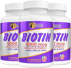 Sunshine Naturals Biotin Dieetsupplement. voor gezondere huid, dikker haar, Nagelgroei. Collageen, vitamine A, B voor haarverlies, schoonheid, celvernieuwing, Scalp Health. 5000 mcg. 90 capsules. Verpakking van 3