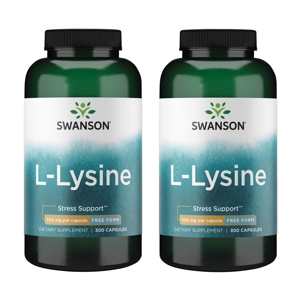 Swanson Forme libre L-Lysine - Supplément naturel Promouvoir le stress et la santé du système nerveux - Peut favoriser l'humeur calme et la relaxation - (300 Capsules, 500mg Chaque) 2 Pack