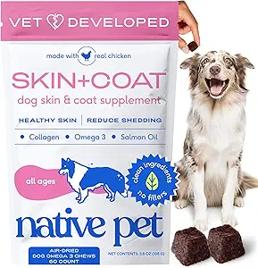 Native Pet Omega Skin and Coat Chews for Dogs - Hondenhuid en Coat Supplement voor gezonde, glanzende bont, Verminder Vergieten en Droge Vlekken - Gemaakt met Omega 3 Visolie en Wild-Caught Zalmolie - 60 Kauwen