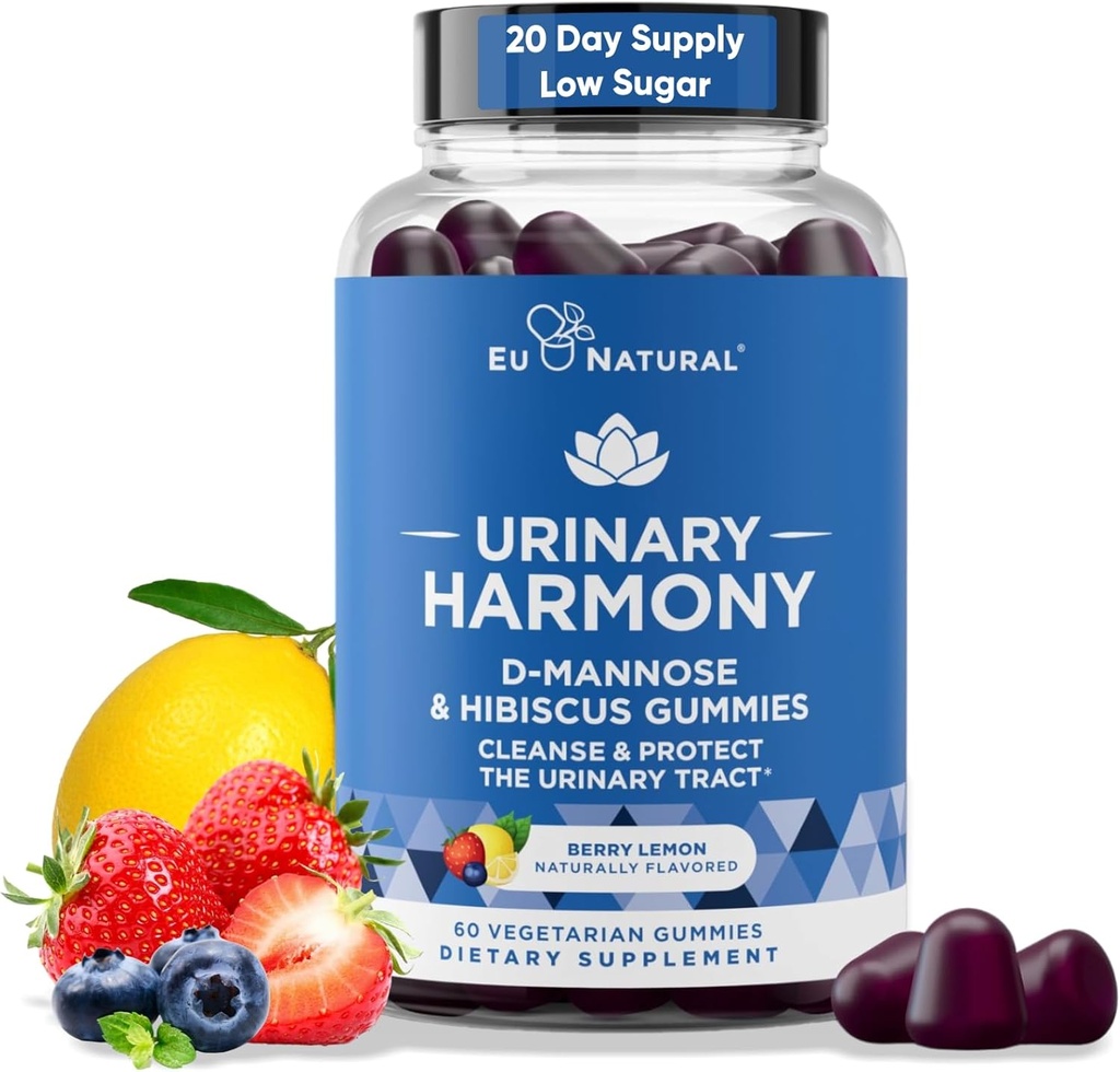 Urine Harmony D Mannose Gummies for Urinary Tract Health D-Mannose & Hibiscus Cleanse, Flush & Protect the Urinary System Potent Formula, Drug Free 60 Berry Lemon Flavor Gummies, 20 Day Supply