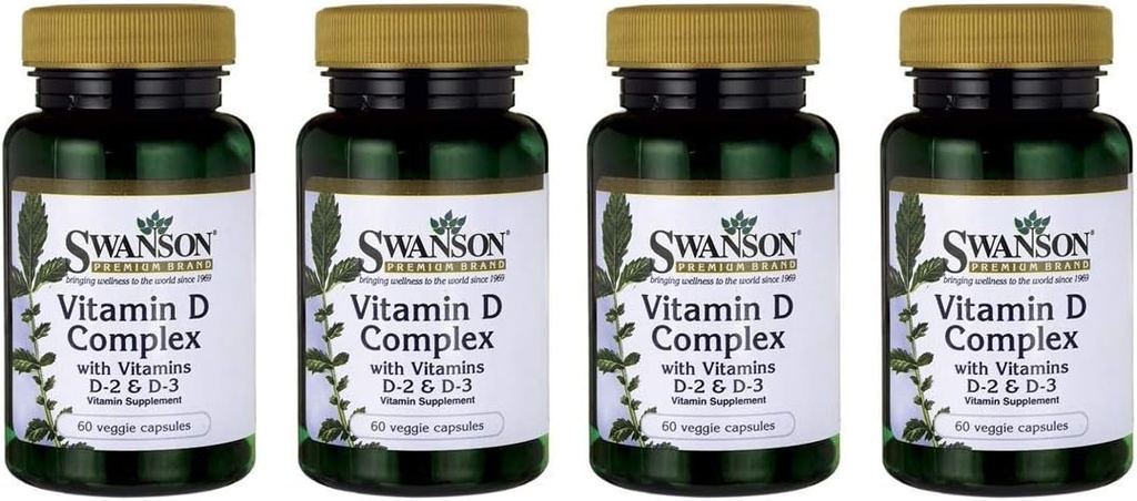 Swanson Vitamin D Complex with Vitamins D2 & D3 - Complete Sunshine Vitamin Complex for Bone, Dental & Immune Health - Vitamin Supplement (50 mcg, 60 Veggie Capsules) 4 Pack