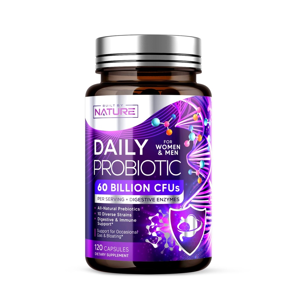 Gebouwd door Nature Probiotic for Women & Men 60 Miljard CFU, 10 Strains + Prebiotics & Digestieve Enzymes Ondersteunt Digestief, Immune, Verminder Gas & Bloating Shelf Stable, Non-GMO - 120 Capsules