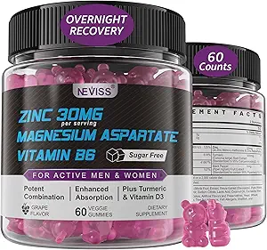 Supplément de zinc et de magnésium, Zinc Magnésium Aspartate après l'entraînement Gummies pour hommes femmes, avec vitamine B6, B12, D3, curcuma pour la récupération nocturne, réduire la fatigue, stimuler l'immunité et le sommeil, 60 Compte