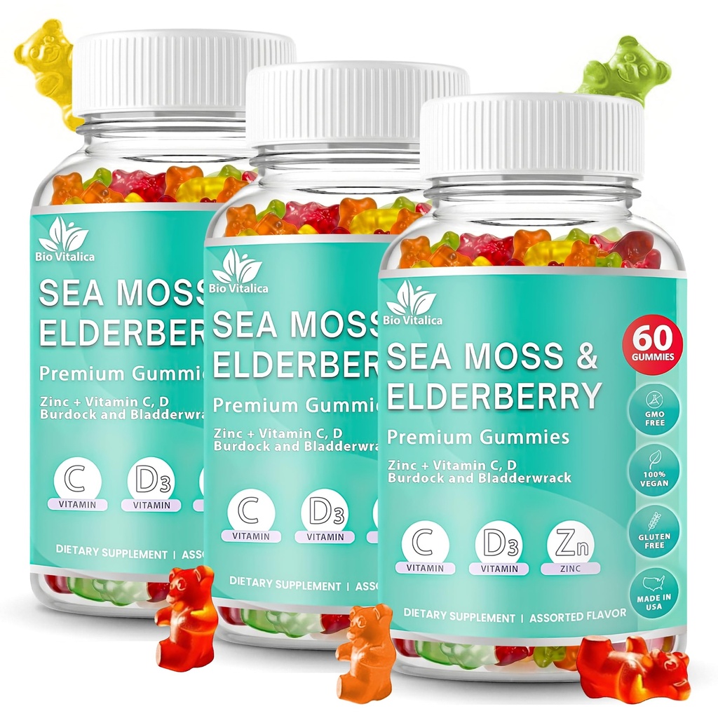 BIO VITALICA Gummy de la Mousse de Mer BioVitalica - Vitamine C D + Zinc - Gummy de la Mousse de Mer Vegan avec Gel et Poudre de la Mousse de Mer pour Immunité, Detox - pour Adultes et Enfants (3Packs)