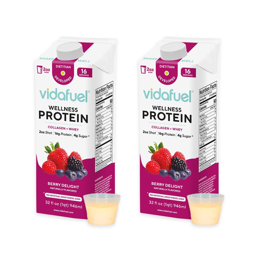 Vidafuel Wellness Proteïne Drink, 16g Proteïne per 2oz Shot, 32 fl oz Karton, 2 Pack, Berry, Collageen en Wei Drink, Geen kunstmatige zoetstoffen