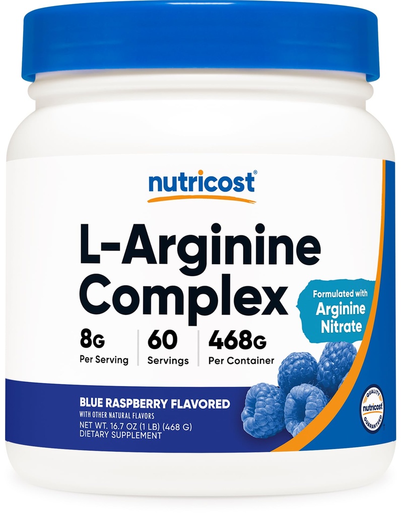 Nutricost L-Arginine Complex (blauwe framboos, 60 porties) - Glutenvrij, niet-GMO