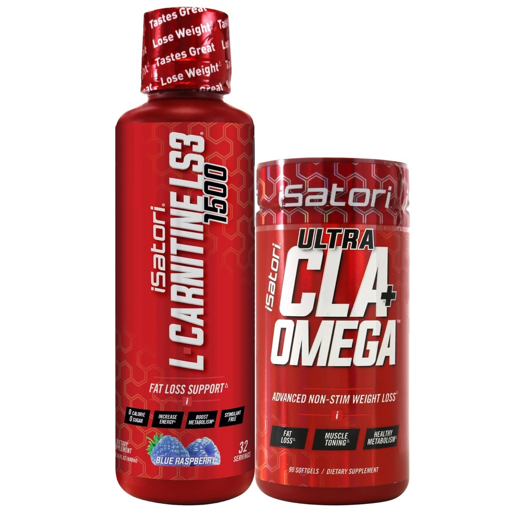 iSatori L-Carnitine LS3 Blue Raspberry 1500mg (32 Servers) Ultra CLA (90 Softgels), Vloeibare L-Carnitine met acetaat, Omega 3 6 9 Saffloerolie