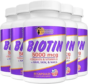 Sunshine Naturals Biotin Dieetsupplement. voor gezondere huid, dikker haar, Nagelgroei. Collageen, vitamine A, B voor haarverlies, schoonheid, celvernieuwing, Scalp Health. 5000 mcg. 90 capsules. Verpakking van 5