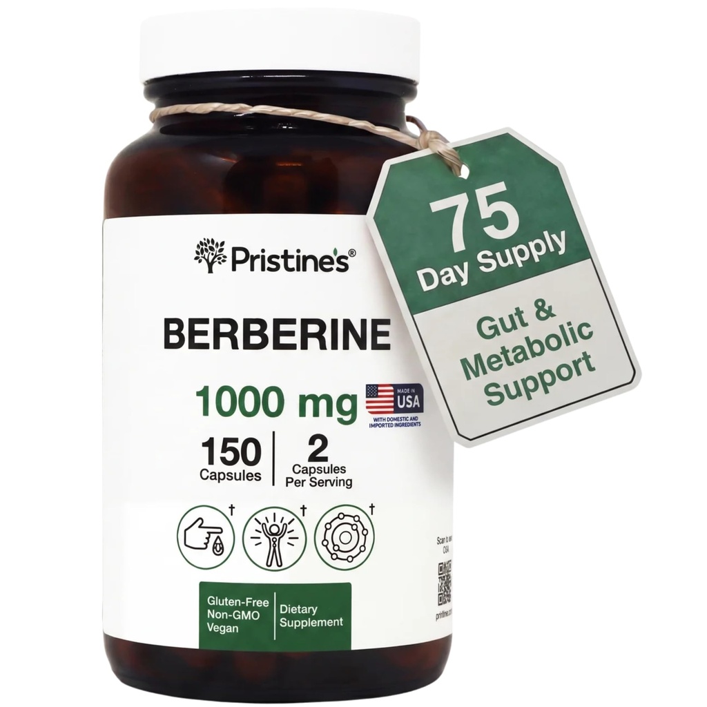 PRISTINE'S Berberine Supplement Capsules - 1000 MG 75 Day Supply 150 Capsules - Heart, & Immunity Health Support Antioxidant - Digestief Tract & Healthy Gut Flora Ondersteuning