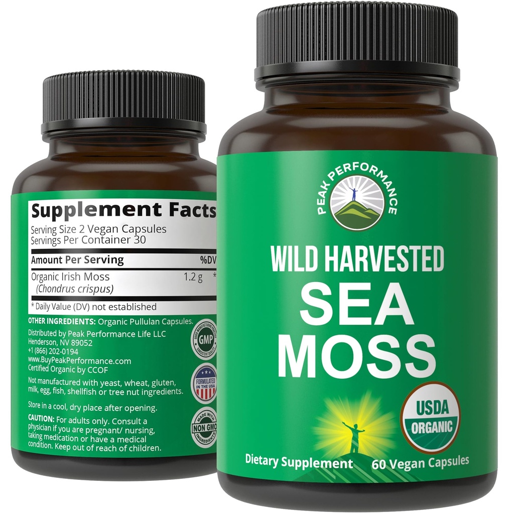 Capsules de mousse de mer biologique. Supplément végétalien biologique cru de la mousse de mer sauvage récoltée par les algues rouges. Extrait 100% cru Irish SeaMoss Superfood Pills. pour Gut, Respiratoire, Immuni Support.
