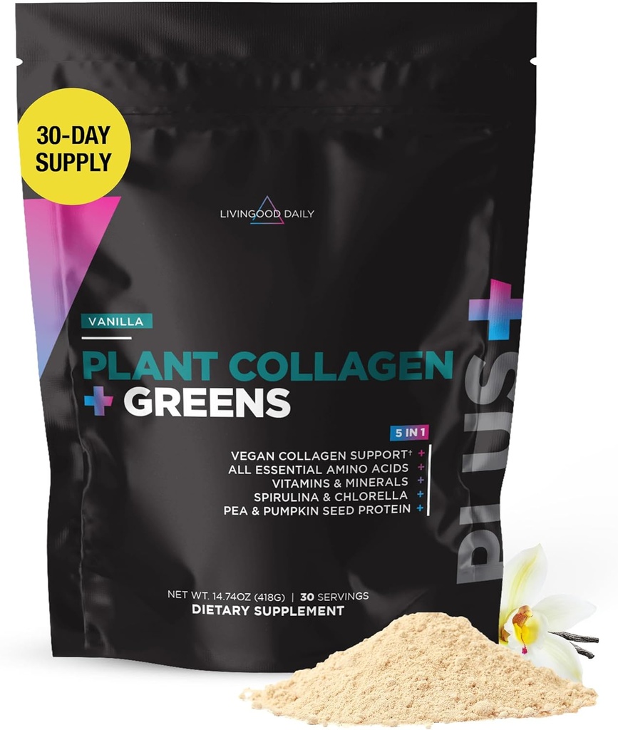 Livingood Daily Plant Collageen + Greens Powder, Vanilla Flavor, 5-in-1 Collageen Ondersteuning met Pea Proteïne, Aminozuren, Spirulina, Chlorella & Vitamine C, Hair Skin Nails Ondersteuning, Vegan, 30 Servers