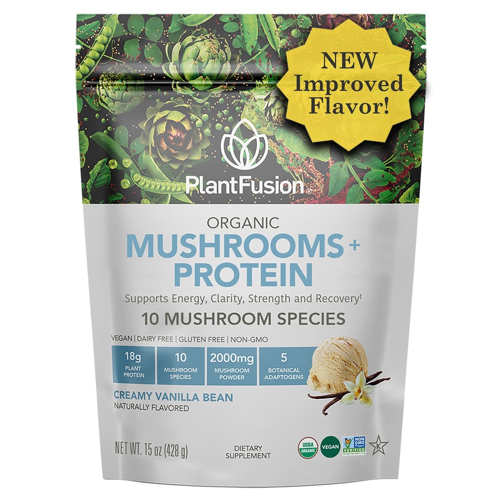 Plantfusie Mushroom Proteïne Poeder - 3 in 1 Vegan Proteïne Poeder, Mushroom Supplement, en Adaptogen Supplement - Ondersteuning Mental Focus, Immuniteit en Herstel - Vanille 1lb
