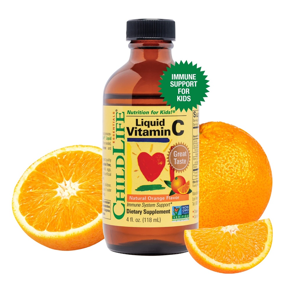 KINDLIFE ESSENTIËLES Vloeibare vitamine C - Pure vitamine C Liquid Supplement voor kinderen, peuters, & baby's, Immuunsysteemondersteuning, natuurlijke sinaasappelsmaak, 4 Fl Oz (pakket van 1)