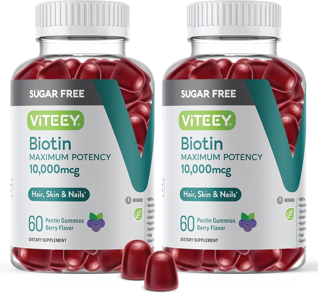 Viteey Biotin Gummy's voor haar, huid en nagels 10.000mcg - suikervrij - Haargroei Gummy's, gezonde huid Glow, Sterke gezonde Nagelgroei - Veganistisch, Glutenvrij, Gelatine Vrij- Smakelijke Berry smaak