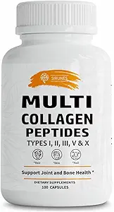 SIRUNES Multi Collagène Peptides Capsules - Sans OGM et sans gluten de type I, II, III, V, X Compléments de collagène hydrolysés avec vitamine C - Soutient les cheveux, la peau, les ongles et les articulations sains - 100 Capsules