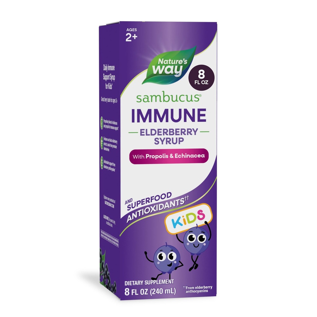 Nature's Way Sambucus Elderberry Immune Sirop pour enfants 2 ans et plus, avec Echinacea & Propolis, Immune Support Sirop*, Végétarien, Berry Flavored, 8 Fl Oz