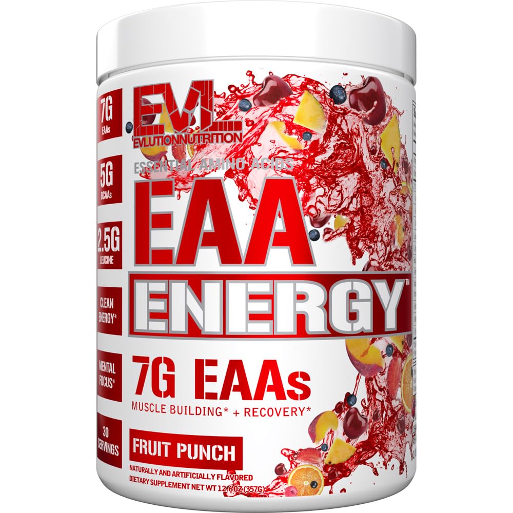 Evulution Nutrition EAA Energy - Pre & Post Workout Powder - Muscle Building & Recovery Supplement - 7g Essential Amino Acids + 5g BCAAs - Clean Energy - with Cafeine - 30 Servings - Fruit Punch