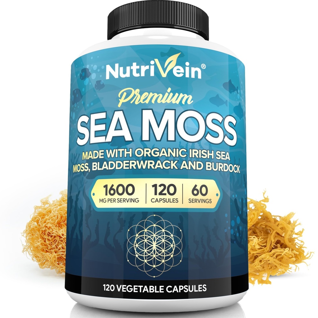 Nutrivein Organic Sea Moss 1600mg Plus Bladderwrack & Burdock - 120 Caps for Adults - Prebiotic Super-Food - Immune System & Digestief Health - Thyroid, Skin, Keto Detox, Gut, Joint Support