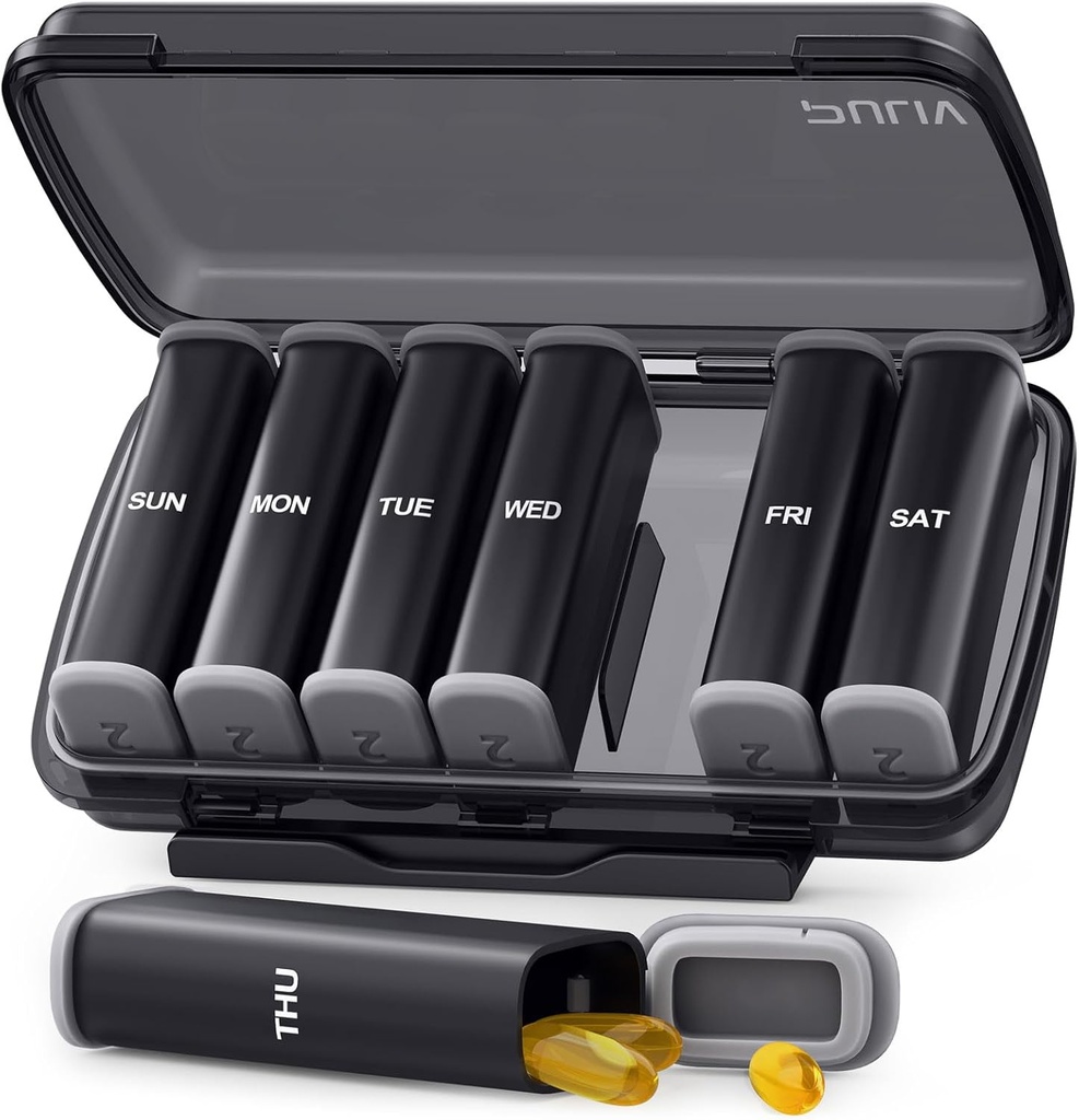 PULIV Large Weekly Pill Organizer 2 fois par jour avec double Damp-Proof Design, Black AM PM Pill Box 7 Jour pour la protection de la vie privée, Pill Case pour les vitamines, médicaments, huiles de poisson, suppléments