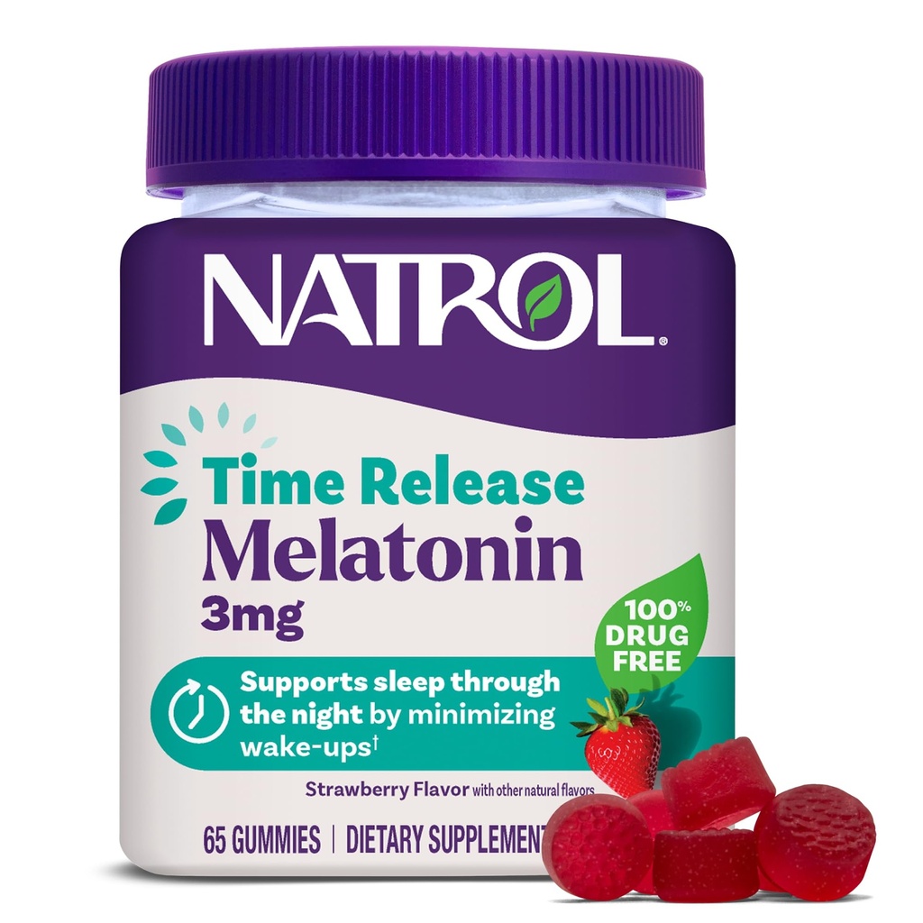 Natrol Time Release Melatonine Gummies, Slaap Ondersteuning voor volwassenen, 3 mg Melatonine Supplementen voor slaapondersteuning, 65 Aardbei-gearomatiseerde Gummies, Tot een 65 dagen levering