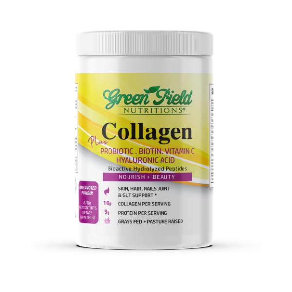 Greenfield Nutritions Halal Collagen Peptides Powder - 9g Halal Protein Probiotic, Biotin, Hyaluronic Acid & Vitamin C - 270g Halal Collagen for Women & Men - Supports Hair, Skin, Nails, joints & Gut