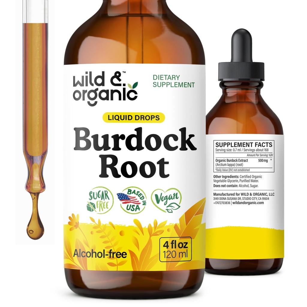 Wild & Organic Burdock Root Tinctuur - Liquid Supplement for Antioxidant, Detox, Discompensative Support - Burdock Root Herb Drops - Vegan, Sugar & Alcohol-Free - 4 fl oz
