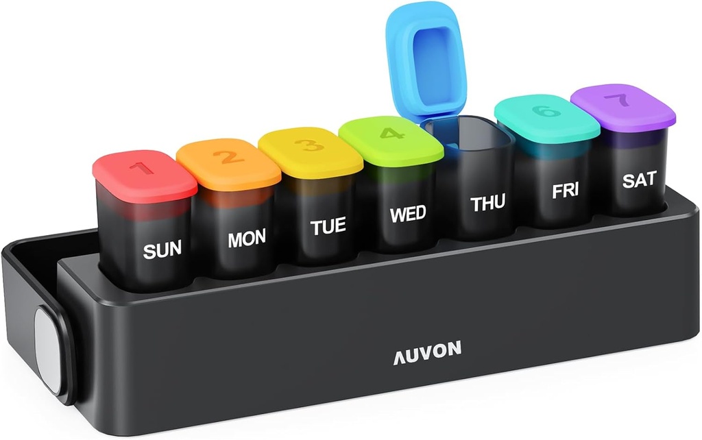 AOVON Vocht-Proof Wekelijkse pil Organisator met vergrendeling Design, Sleek Pill Box 7 Dag Eenvoudig te gebruiken, Zwarte Pill Case voor Privacy Bescherming, Pillenhouder voor Medicijnen, Vitaminen, Visolie, Supplementen