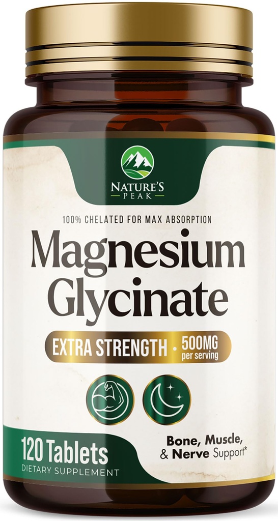 Magnesium Glycinate 500mg - Gecheld voor Ultra Absorptie - Ondersteunt bot, spier, zenuwen & hart gezondheid, natuur's slaapondersteuning, Beste Magnesium Supplement Pillen voor het hele lichaam ondersteuning - 120 tabletten