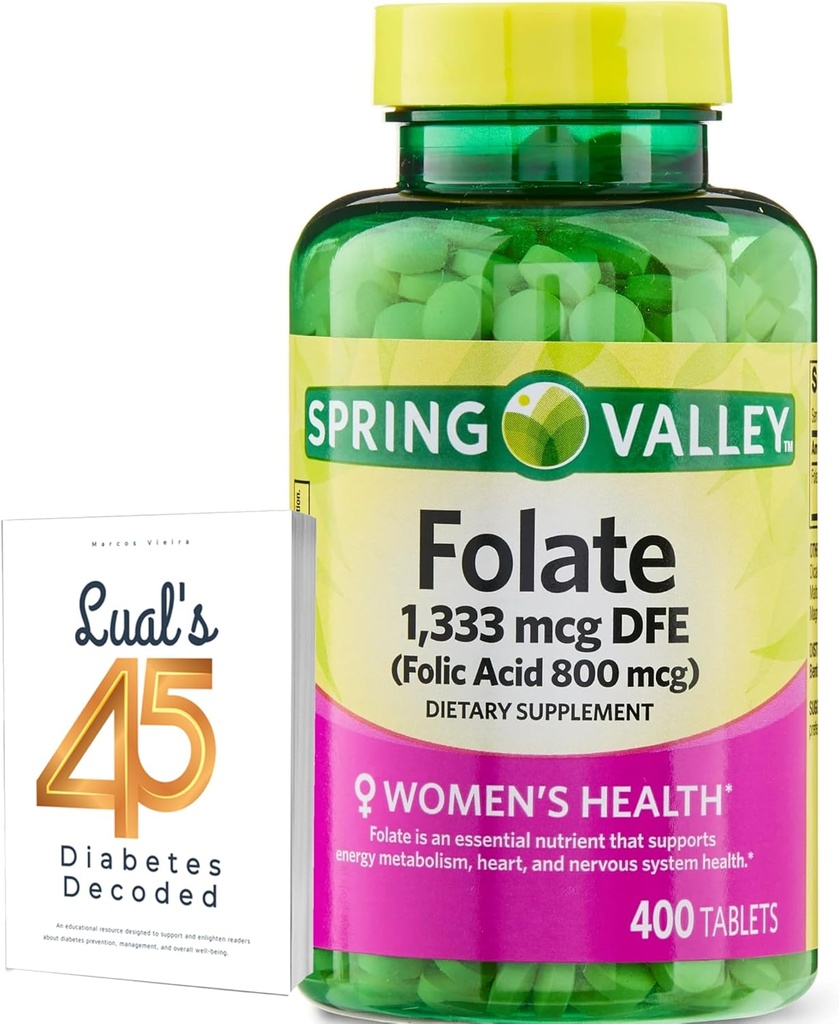 Folate 1.333 mcg. Spring Valley Folate Dieetsupplement, 1.333 mcg DFE, 400 telling, Folate Supplement voor vrouwen Zwangerschap, Foliumzuur 800 Bundel met Luall 45 diabetes gedecodeerd