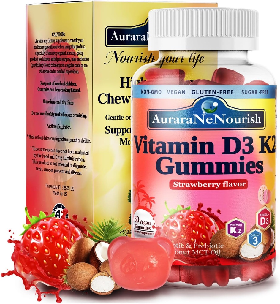 D3 K2 Vitamine 10000 IE, Suikervrij Vitamine D3 K2 Gummies w. Pro & Pre, Kauwbare Vitamine D3 en K2 (MK-7) Supplementen voor Bot, Tanden, Immuun, Hart & Digest Gezondheid, Calciumabsorptie