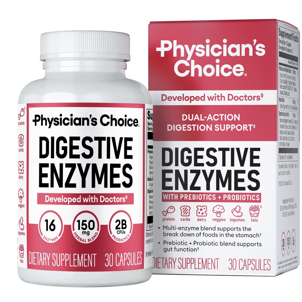 KEUZE van de arts Digestieve enzymen - Multi-enzymen, bromelaïne, Organische Prebiotica & Probiotica voor Digestieve Gezondheid & Gut Health - Bloating & Meal Time Ongemak - Dual Action - All Diets - 30 CT