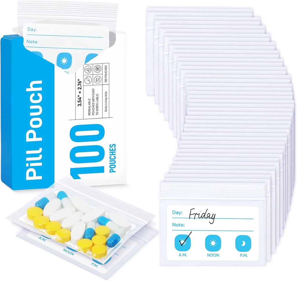 ZIKEE Pillentassen voor reizen, Herbruikbare Pillenzakken BPA Gratis 2,75" x 3,54," Dagelijkse Medicijn Tassen met XL Capaciteit voor 24 Visolie, Vitamine Organisator met Aanpasbare Schrijf-on Area (100 Tellen)