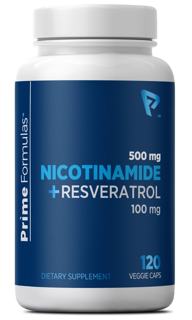 Nicotinamide 500 mg met Resveratrol 100 mg 120 Veggie Capsules - Non-GMO Vitamine B3, ondersteunt Metabole Gezondheid, NAD+, Huidcel en Mitochondriale Energieproductie. Made in USA for Men and Women