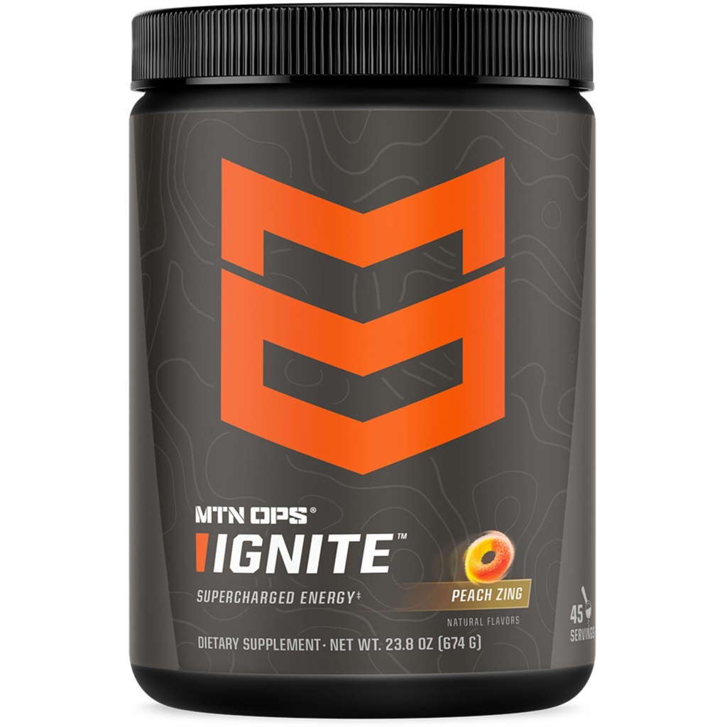 MTN OPS Ignite Energy Drink Powder, Glutenvrije Nootropic Supplement Drink Mix, L Arginine, L Citrulline, Cafeïne en Nootropic Sugar Free Drink Mix, 45 porties, Peach Zing