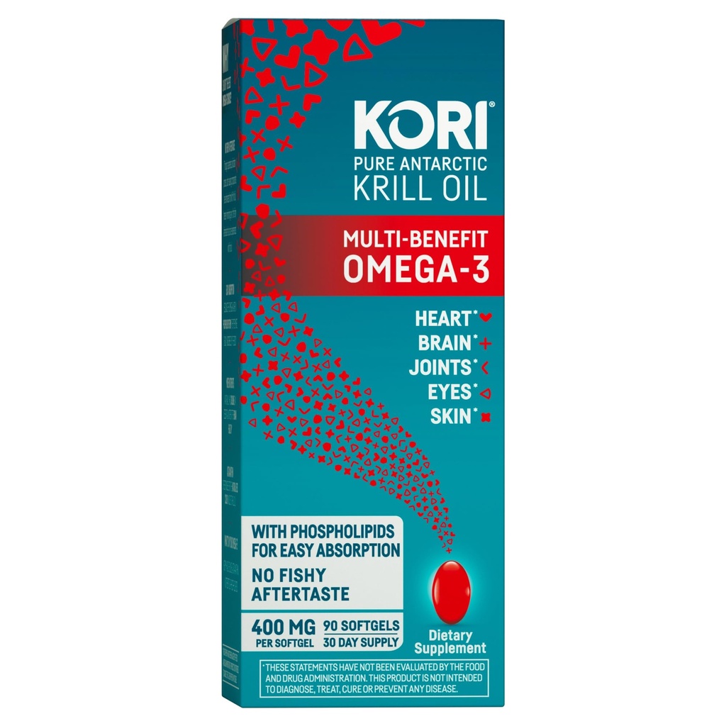 Kori Krill Oil Omega 3 Supplément, Antarctique Krill Oil with Superior Absorption vs Fish Oil Alternative, 400 mg Softgels, 90 Softgels, EPA & DHA