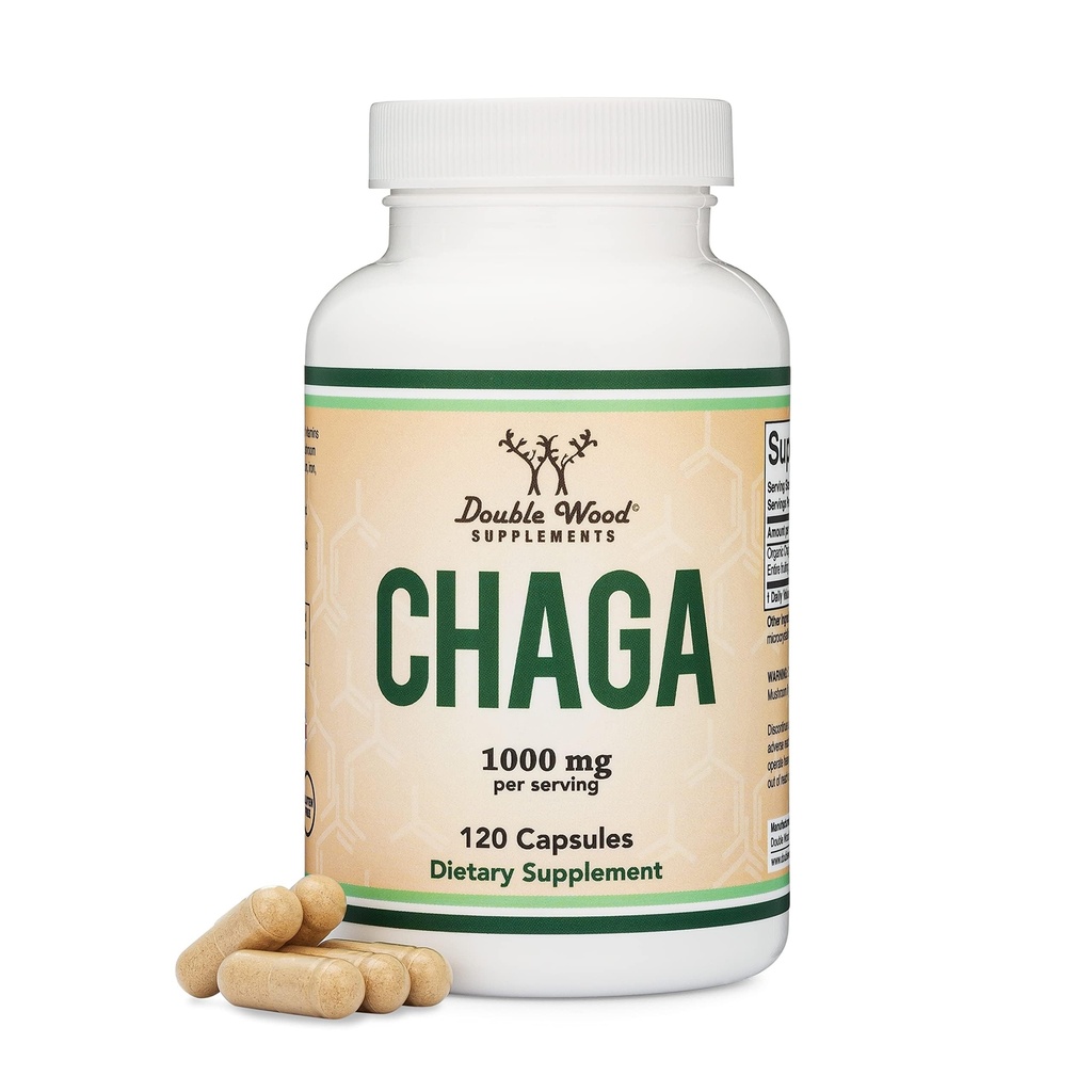 Chaga Champignons Capsules 120 Compte (1 000 mg Chaga Champignons Poudre par portion) Haute en Polysaccharides, Beta Glucans et Terpénoïdes - Grandis et fabriqués aux États-Unis, Vegan Safe, Organic by Double Wood