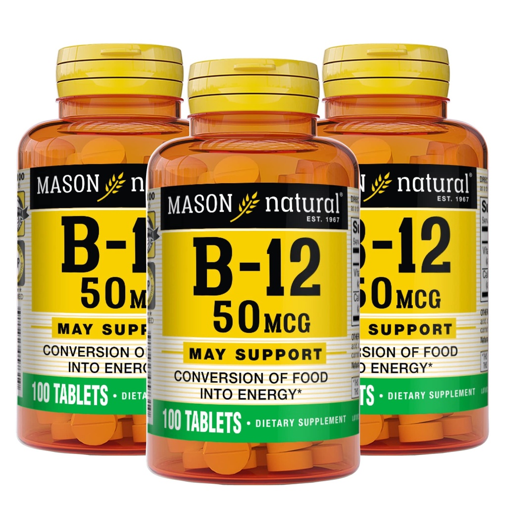 Mason Vitamine naturelle B12 50 mcg avec calcium, 300, jour d'approvisionnement, supplément alimentaire pour soutenir les niveaux d'énergie naturelle, 100 comprimés (paquet de 3)