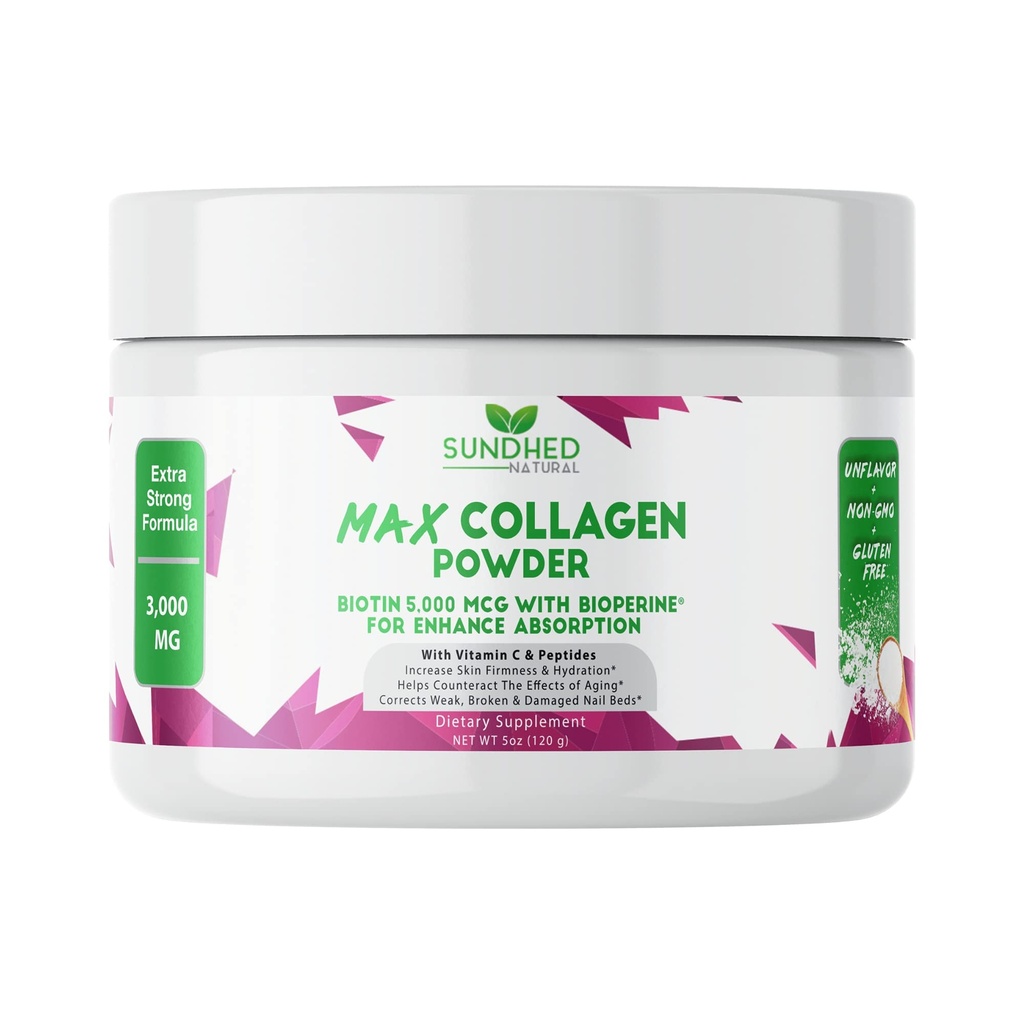 Max Collageen Plus C (30 dagen levering) - Alle natuurlijke collageen poeder met biotine en bioperine te Boosten Anti Aging Hydration & Skin Firmness - 500 mg vitamine C - Versterken Bones & Nails