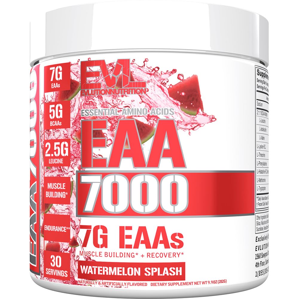 Evulution Nutrition EAA7000 - Pre & Post Workout Powder - Muscle Building + Recovery Supplement - 7g Essential Amino Acids + 5g BCAAs - Endurance + Energy Support - 30 Servings - Watermelon Splash