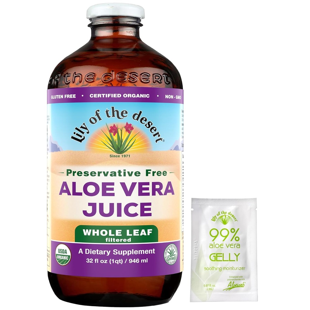Lily Of The Desert Aloë Vera Juice, Conservatieve Vrij - Whole Leaf Aloë Vera Drink met natuurlijke vitamines, Digestieve Enzymen voor Gut Health, Maagrelief, Wellness, Glowing Skin, Gelly Sachet inbegrepen