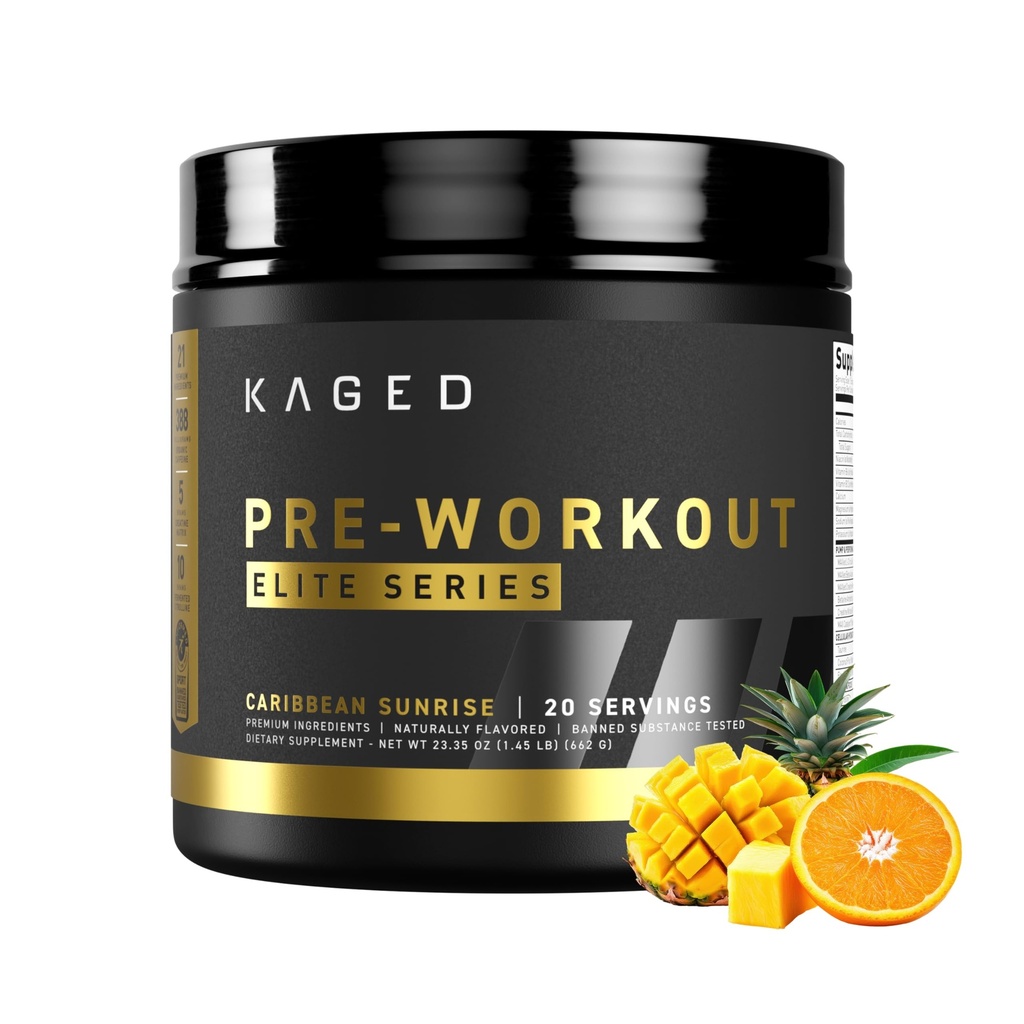 Poudre pré-entraînement Kaged Elite pré-entraînement pour les hommes et les femmes High Stimulant pour l'énergie, Focus, Pompes L-Citrulline, Beta Alanine, Créatine et 388mg de caféine bio Caribbean Sunrise Servitures
