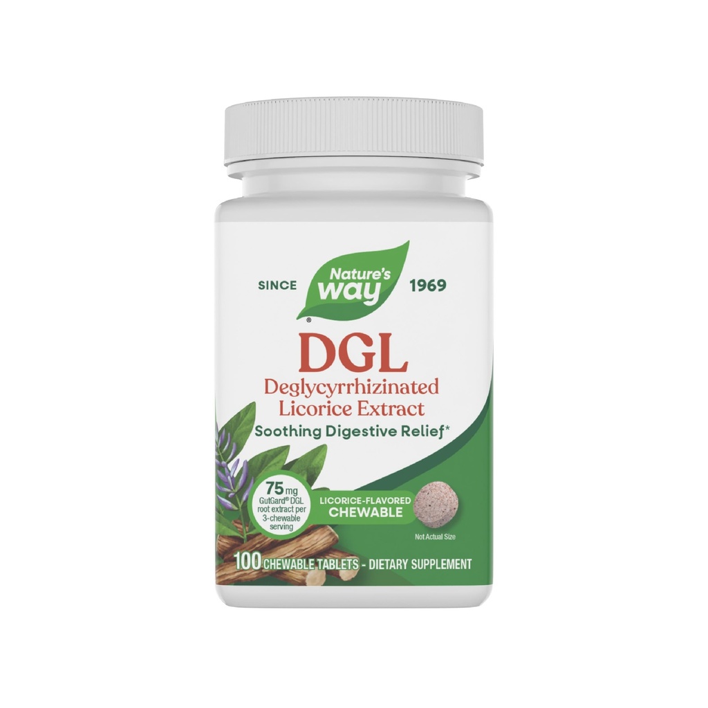 Nature's Way DGL Comprimés chétifs, soulagement digestif apaisant*, pour l'élévation occasionnelle de l'estomac*, extrait de réglisse déglycyrhizé, sans gluten, aromatisé de réglisse, 100 comprimés (paquetage mai vary)