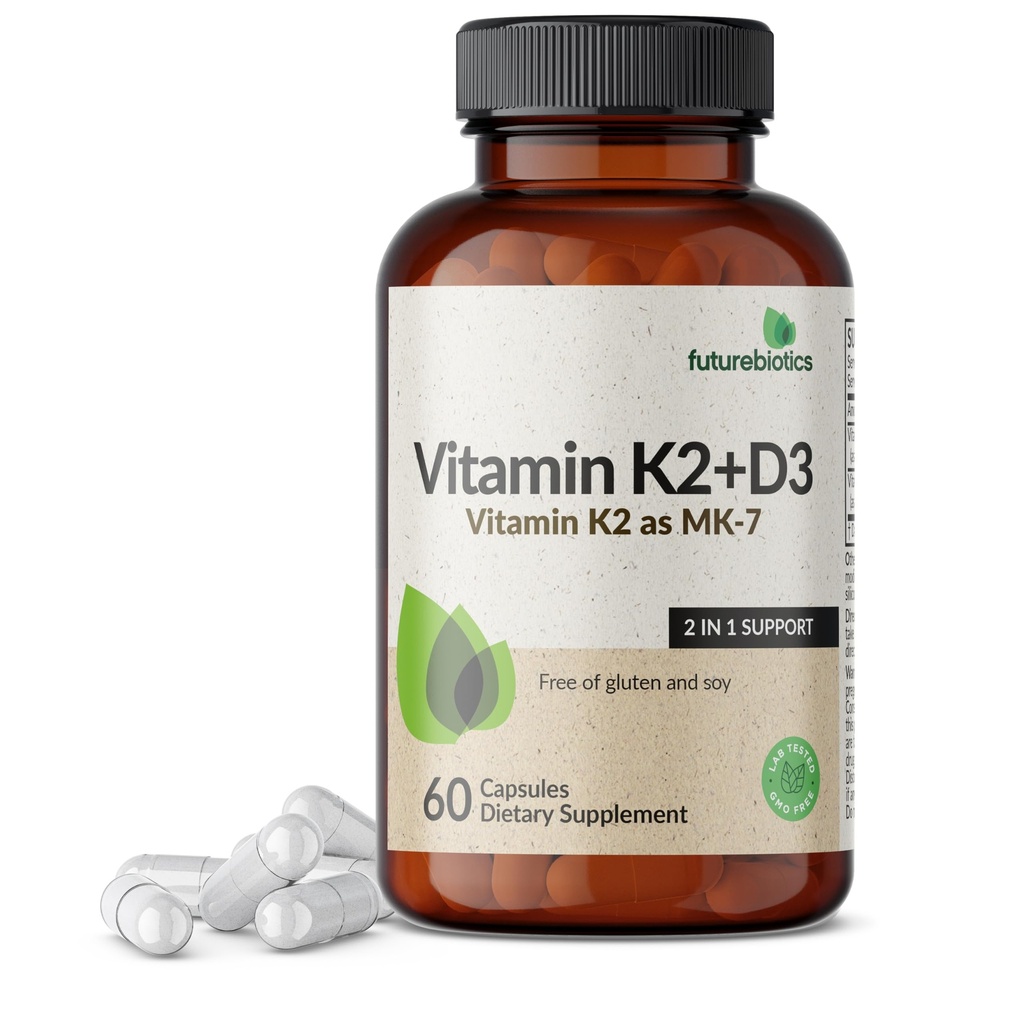 Futurebiotics Vitamine K2 (MK7) met D3 Supplement - Non-GMO Formula - 5000 IE Vitamine D3 & 90 mcg Vitamine K2 MK-7, 60 Vegetarische Capsules